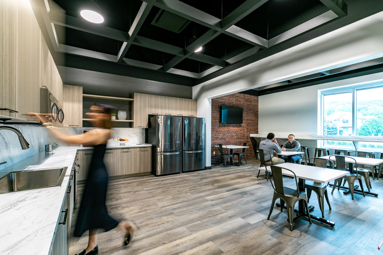 Open-concept office kitchen built to improve employee productivity and contentment