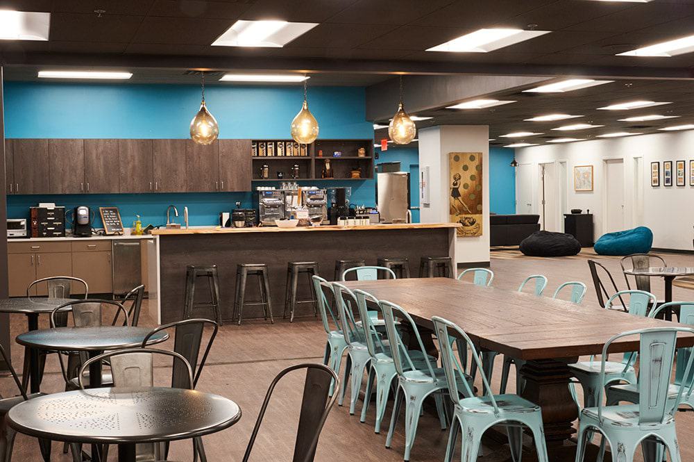 Recently redesigned Office kitchen and cafeteria that was completely transformed by RI Workplaces Design Team