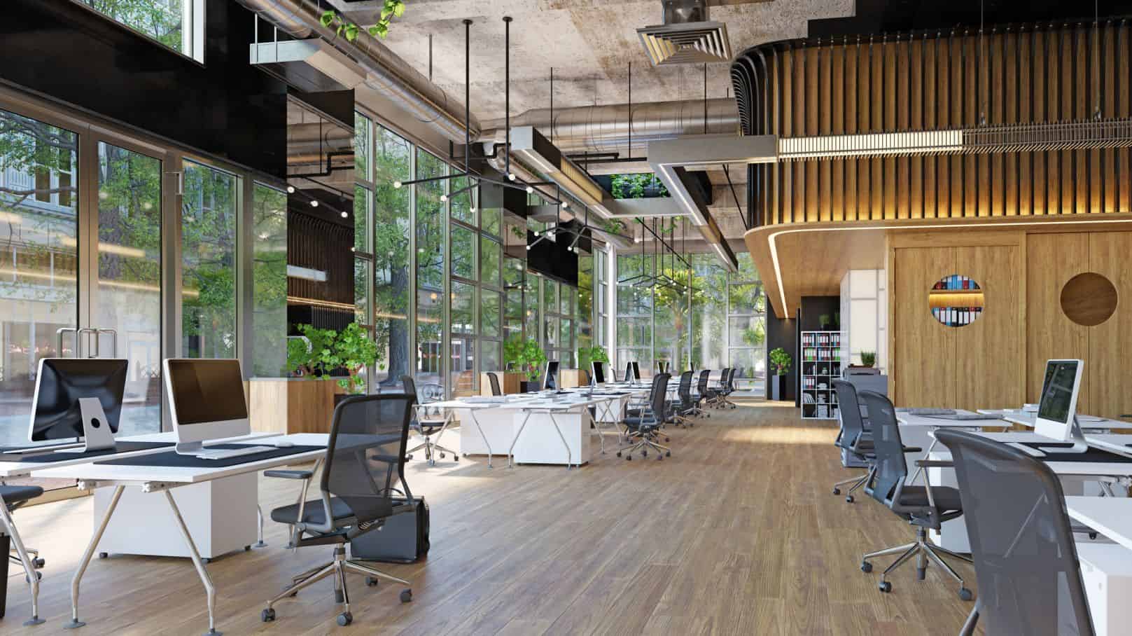 office with biophilic design plants and wooden panels - The Benefits of Biophilic Design