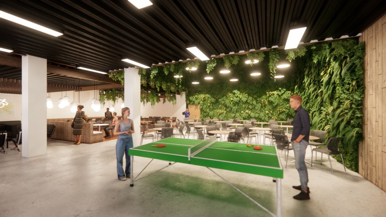 Workplace render of employees playing ping pong