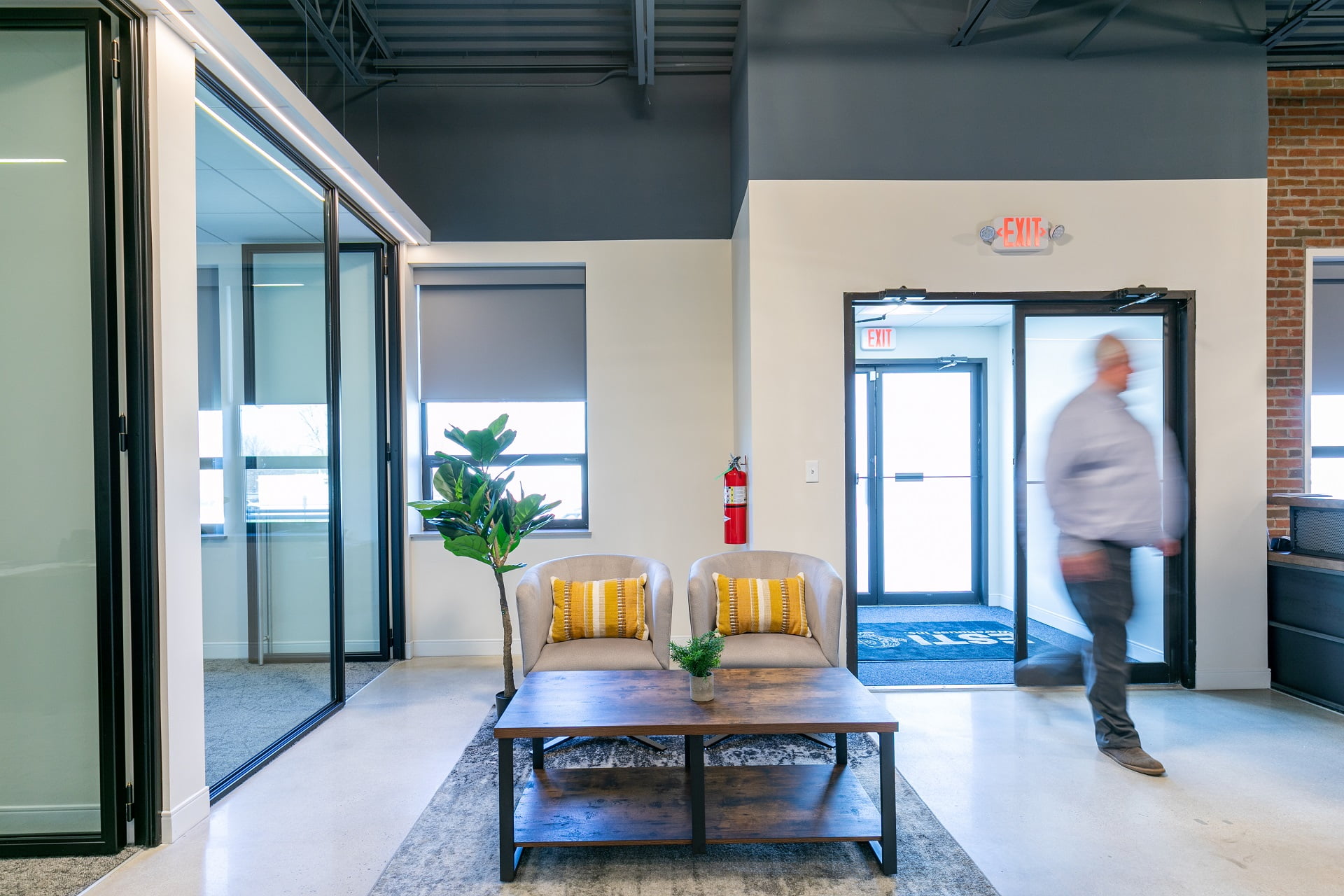 Modern office entrance with home-y accents