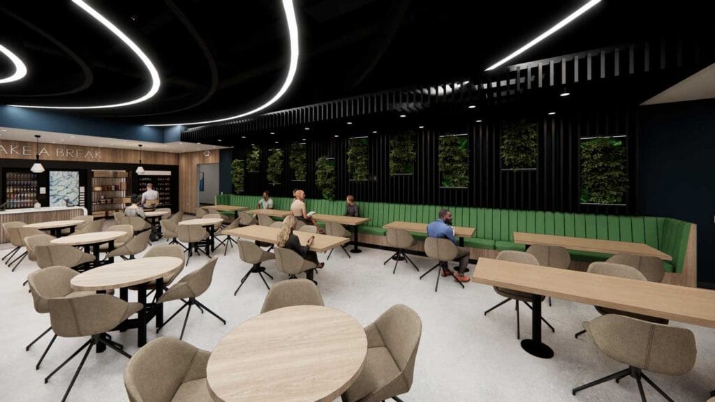 Employee café at Pharmaceutical Campus with biophilic wall features and modern seating.
