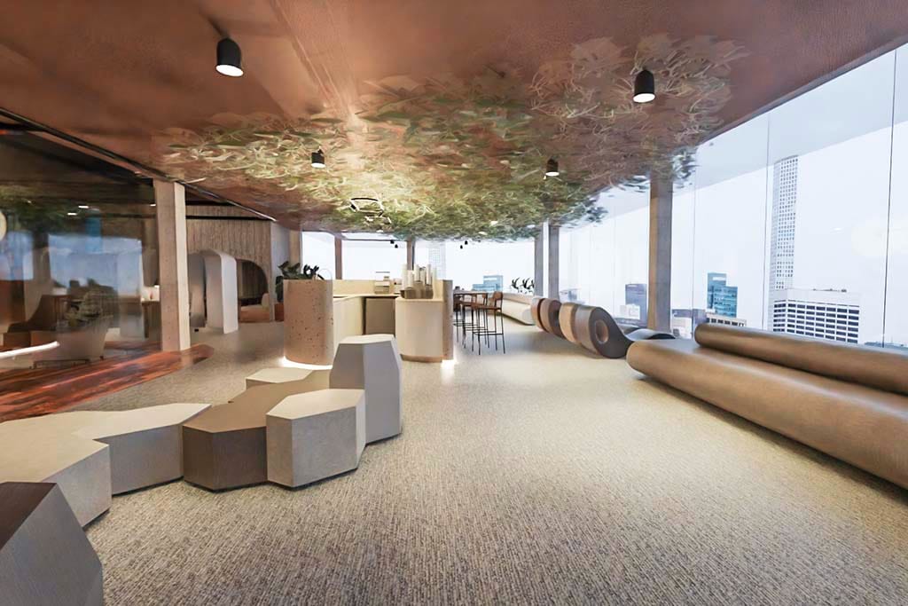 Project Render or a modern office reception area with ample seating and statement greenery