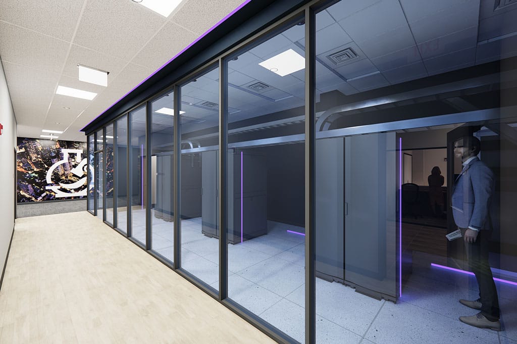 RI project render of an office fitted with floor to ceiling windows featuring data storing facilities