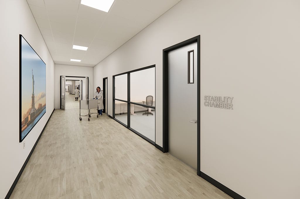 RI office hallway render of spacious bright and modern pharmaceuticals hallway fitted with large windows and art