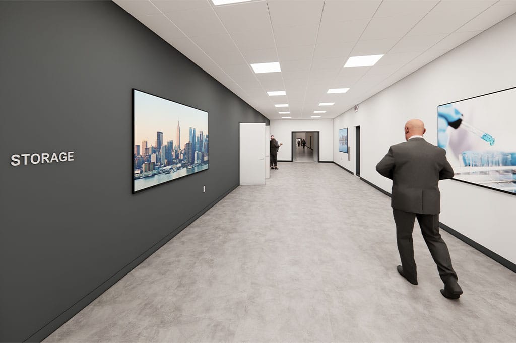 RI workplace project render image of a modern spacious hallway displaying artwork and featuring staff