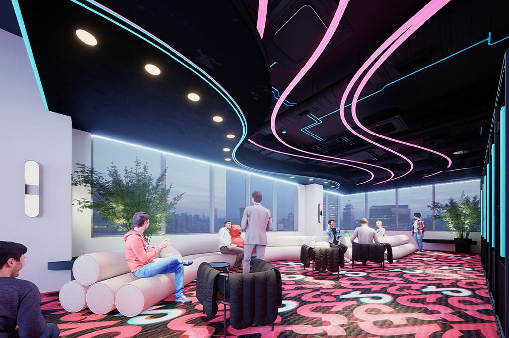 TikTok project render of highly modern open plan office, with large lounge chairs and communal area