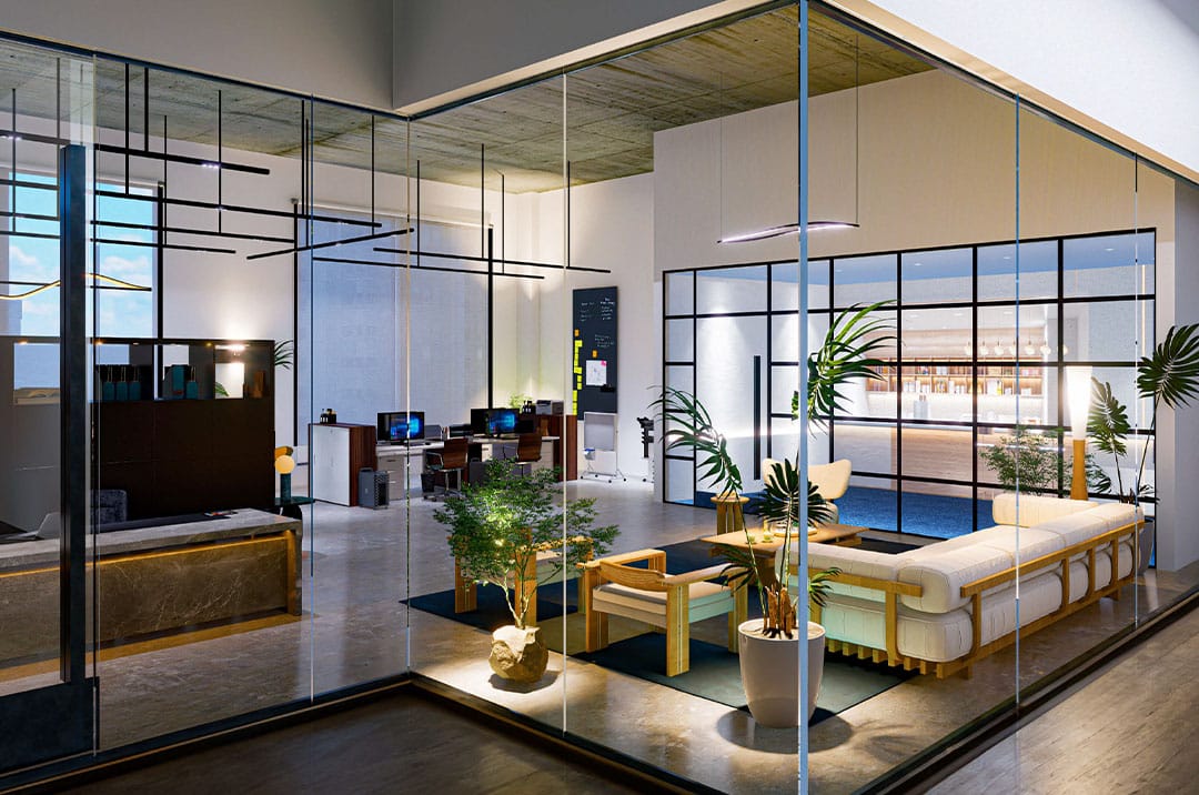 Luxury office layout render with mood lighting and a cohesive working space with open plan floorspace